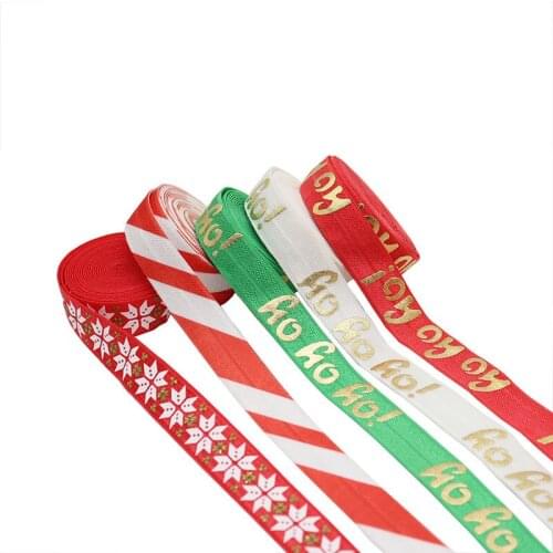 5/8” 100yards/lot Gold foil Christmas HO HO HO FOE Ribbon Snowflake Fold Over Elastic welcome custom design