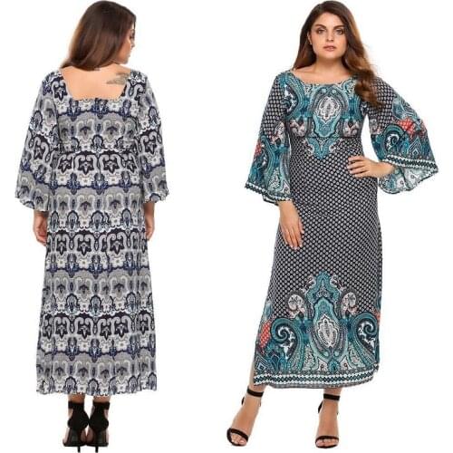 AECU 2021 Spring Summer Women Boho Dress Plus Size Vintage Floral Print Beach Dress Elegant Party Dress Backless Bohmia Sundress