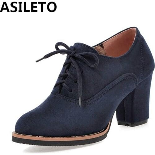 ASILETO 2021 Ladies Retro Pumps Classics Flock Lace Up Wedding Round Toe 7.5CM Block Heel Shoes Size32-43 Black Blue Red A4468