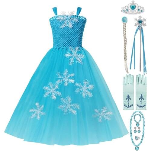 Elsa Ball Gown For Girl Sling Snowflake Appliques Blue Dress Teenage Evening Party Princess Costumes 2-12T Cosplay Tulle Tutu