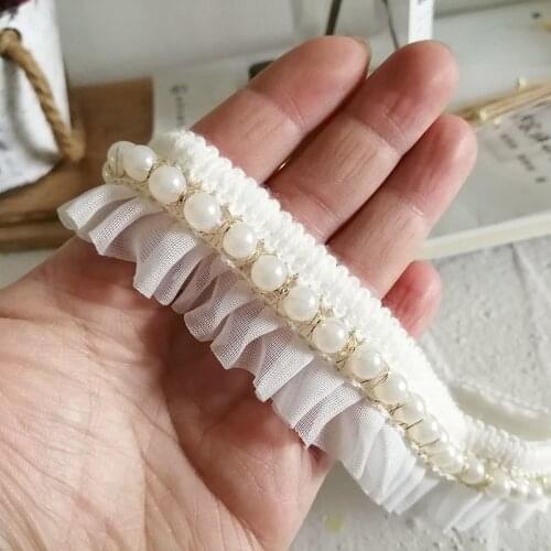 White Pleated Beaded Chiffon Fabric Lace Accessories Diy Handmade Clothing Material Hat Coat Skirt Dress Decoration Sequin Trim