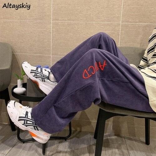 Thicker Pants Women Letter Embroidery Retro Corduroy Harajuku Workout Fall Teens Streetwear Casual Ins All-match Ladies Bottom