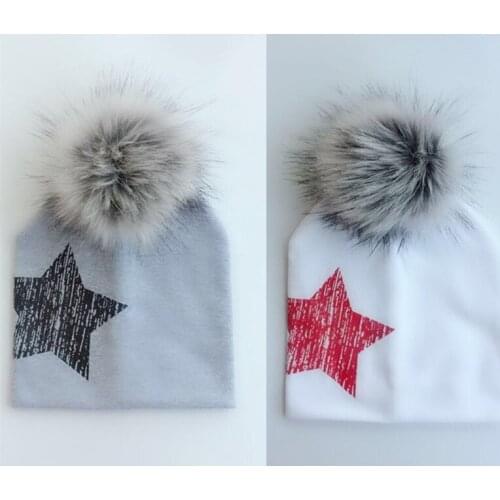 Autumn Winter Crochet Baby Hat Girl Boy Cap Kids faux fur pom pom Beanie Stars Infant Hat Cotton New Children Baby Cap Child Cap