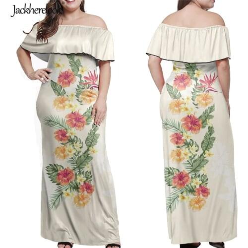 Jackherelook Womens Off Shoulder Dresses Layered Ruffles Vestidos Polynesian Tribal Hibisucs Brand Design Long Maxi Party Dress