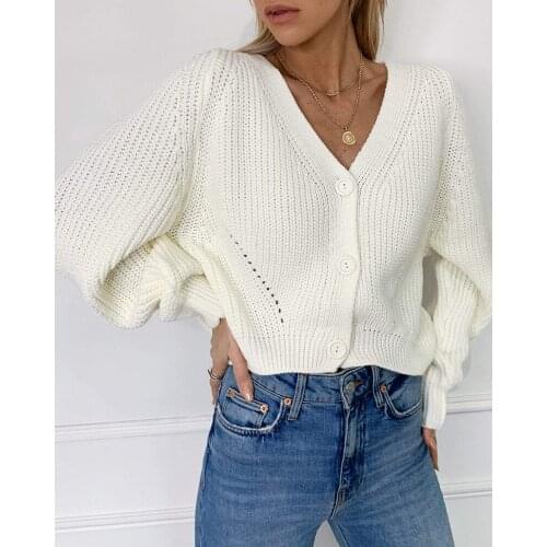 Fashion lantern sleeve single breasted sweaters woman sexy v-neck knitted cardigan elegant autumn female street wear clothes
