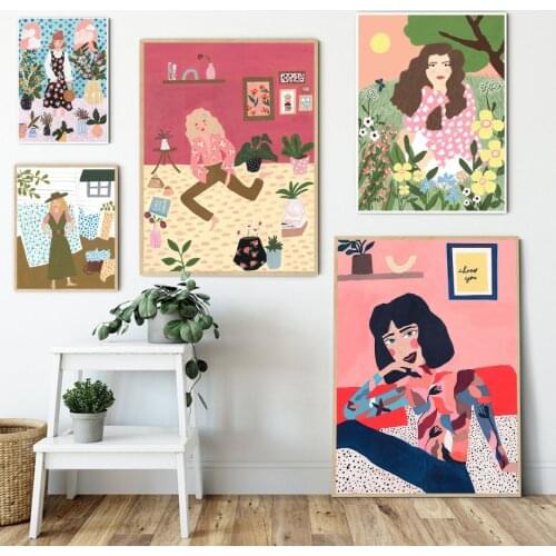 Flowers Girl Coconut Tree Boho Wall Art Canvas Painting Nordic Abstract Posters And Prints Wall Pictures For Living Room Decor