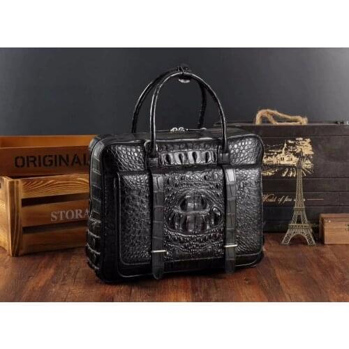 100% genuine real crocodile leather head skin men business bag laptop bag brefcase free ship black color with front pocket