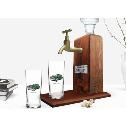 Personalized Colorful Printed Retro Car Design Dual Arrack Cup and Wood Rack Stand Gift Seti-3
