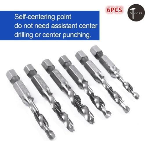 6Pcs Spiral Flute Hss Combination Countersink Screw Tap Drill Bit Set 1/4" Hex Shank 6-32NC to 1/4-20NC