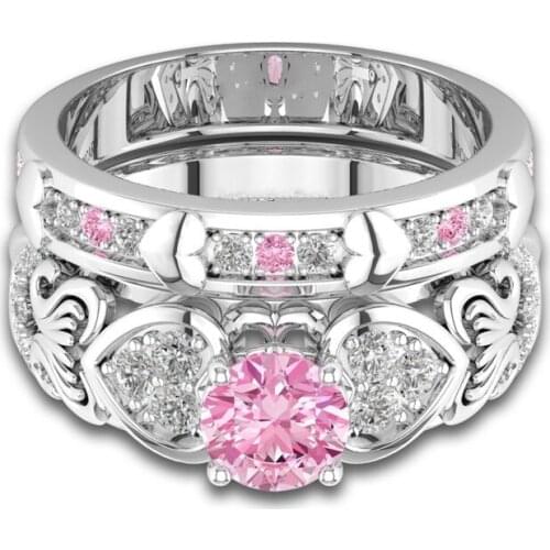 2pcs/set rings princess fashion Wedding White gold color WOMEN gift stone crystal Lady silver Ring SET jewelry engagement LR097