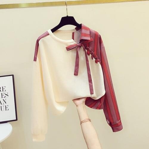 2021 Autumn Womens Long Sleeves Lace-up Patchwork Irregular Shirt Casual Blouse Tops Ladies Shirts Blusas A3369