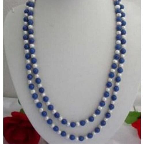 Fashion jewelry Beautiful 50inch Natural 7-8mm Egyptian Blue Lapis Lazuli & Real White Pearl Necklace