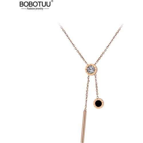 BOBOTUU Classic Cubic Zirconia Stainless Steel Jewelry Shell Roman Alphabet Pendant Neckalces Bridal Wedding Jewelry BN18027