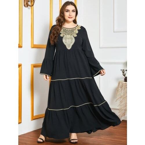 Maxi Dress for Women Elegant Ethnic Black Polka Gold Stamp Floral Embroidery Long Sleeve Arabic Oman Muslim Clothes