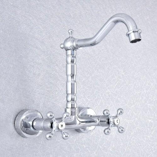 Polished Chrome Brass 360 Swivel Spout Bathroom Kitchen Sink Faucet Wall Mounted Dual Holder Basin Mixer Tap