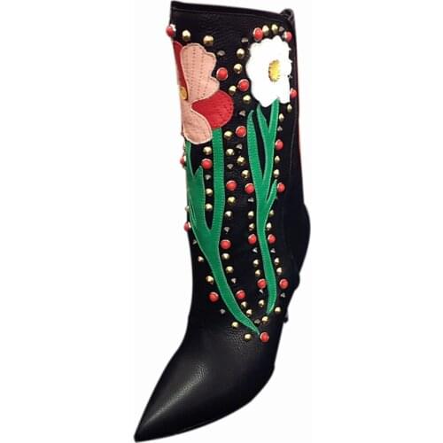 2019 Mid-Calf Flower Boots High Heel Stiletto Pointed Toe Genuine Leather Shoes Heel 10 cm Patchwork Fashion New Arrivals Boots