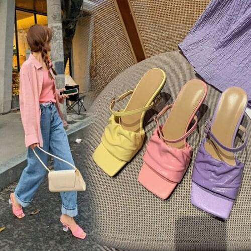 Summer 2021 Folded Design Two Wear 6.5 CM Strange Clear Heels Sandals Korean Womens High Heel Mule Slipper Shoe For Wedding