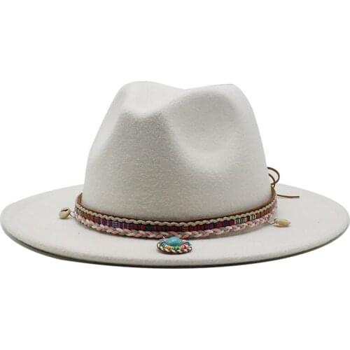 Seioum Fedora Hat for Women Men Wool Felt Wide Brim Hat Vintage Jazz Fedora Hat Couple Cap Winter chapeau femme white