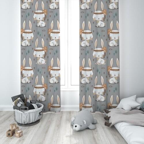 Curtains Children 3D Printed Decorative Items Home Childrens Room Gray Rabbit Cloud Cute Model 1336