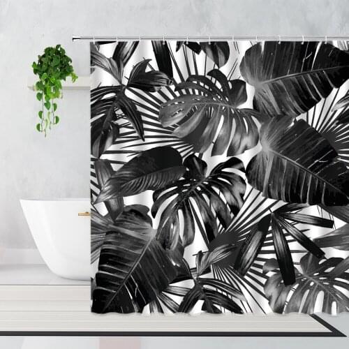 Black Leaf Shower Curtains Tropical Plant Creative Art Decoration Background Bathroom Polyester Curtain With Hook Bathtub Screen