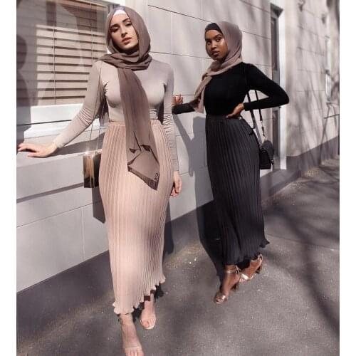 Women Muslim Pencil Long Skirt Chiffon Pleated Skirt Elastic Skirts High Waist UAE Islamic African Clothing Party Maxi Skirts