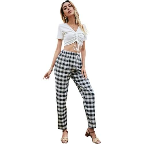 Womens Casual Two-Piece V-Neck Drawstring Front Pleated T-Shirt + Plaid Printed Pants