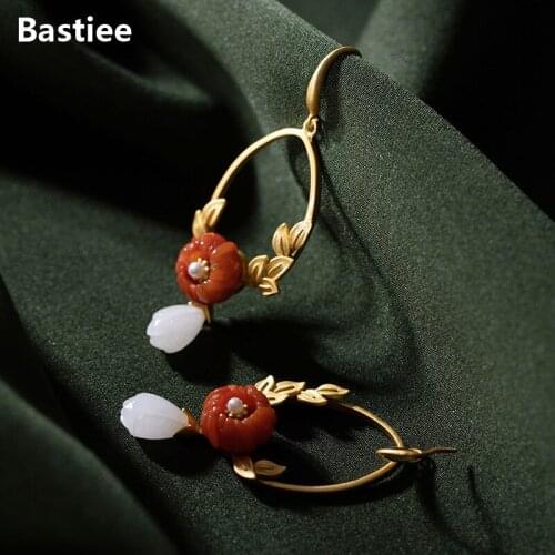 Bastiee Jade 925 Sterling Silver Earrings Banquet Luxury Jewelry For Women Drop Dangle Earing Gold Plated Red Agate Pearl
