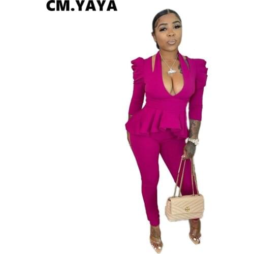 CM.YAYA Women Set Solid Full Sleeve V-neck Cut Out Ruffles Tops Stretchy Pencil Pants Two 2 Piece Sets Office Lady Outfit Fall