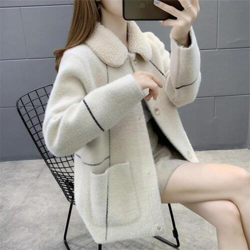 Women Sweater Cardigan Coats Faux Mink Cashmere Elegant Turn-Down Collar Single Breasted Knitted Jacket Korean Chic Outwear Tops
