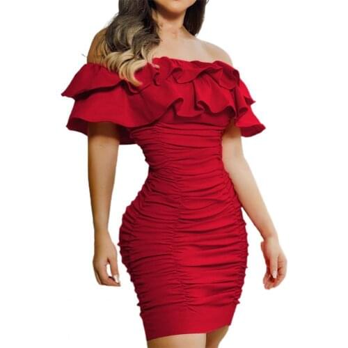 Women Mini Dress Solid Short Sleeve One-Shoulder Layered Ruffles Attractive Ruched Strapless Bodycon Dress Sundress vestidos