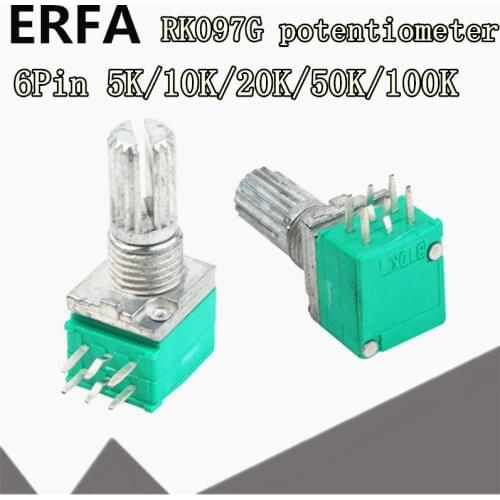 10pcs RK097 RK097G 6Pin 5K 10K 20K 50K 100K B5K with a switch audio shaft 15mm amplifier sealing potentiometer