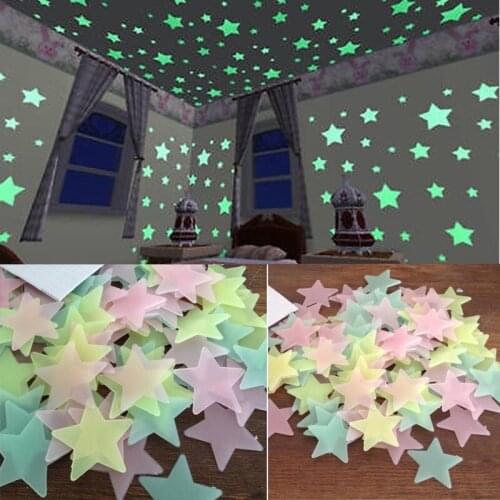 100sets 100pcs/set 3cm Star Wall Stickers 3D Plastic Fluorescent Paster Glowing In The Dark For Baby Room fashion