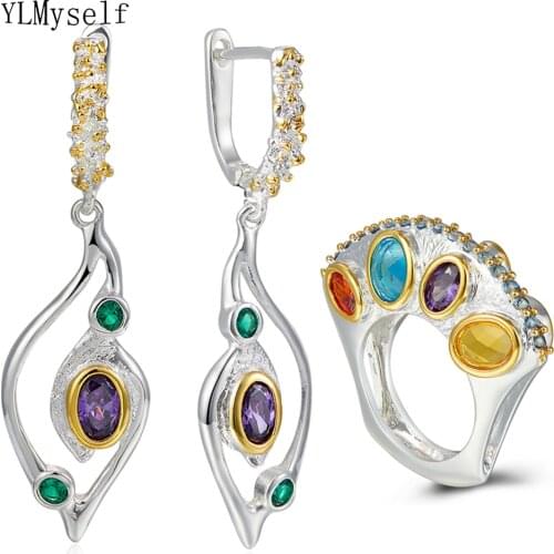 New Eyes design Drop Earrings ring sets Purple Multi colorful Cubic Zirconia Fashion Jewellery Jewelry 2pcs set for party