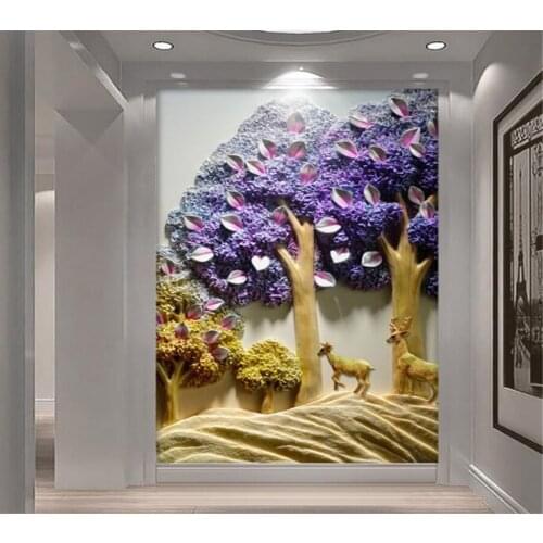 Living Room Corridor Entrance 3D Wallpaper Reliefs Purple tree Elk Entrance Background Wall 3d wallpaper papier peint beibehang