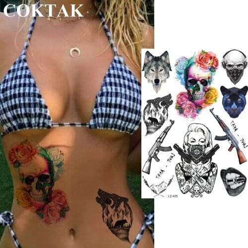 COKTAK Gangster Girl Ak47 Temporary Tattoos Sticker Death Skull Rose Sexy Custom Tattoo Minimalist Fake Tatoos Women Gun Wolf