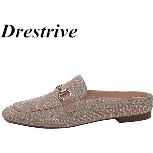 Drestrive Women Mules Kid Suede Round Toe Black Big Size 42 Pumps 2021 Summer Low Heels Sandals Metal Knot Slippers Flats