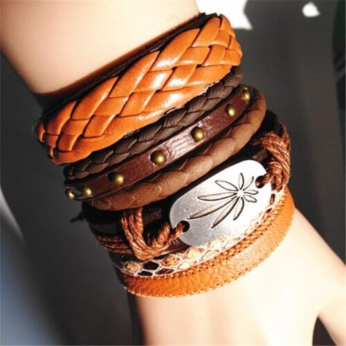 Khaki Weed Leaf Rivet Handmade Wrap Woven Black Fashion male Infinity Jewelry Guitar Feather Leather Men Bracelets Women