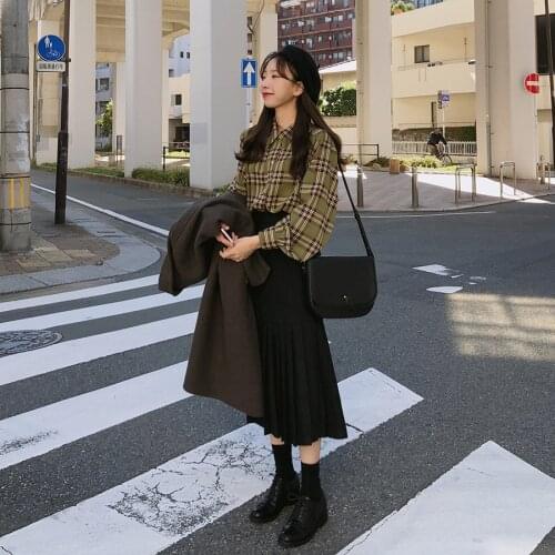 Plaid Women Skirts thick black new Autumn Spring New Knee Length Skirt Female Vintage Suede Skirts Jupe Femme Faldas Mujer