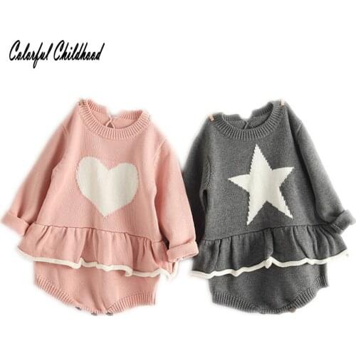 Newborn Baby Girl Rompers Long Sleeve Pentagram Ruffle Clothes Christmas Winter Overalls For Baby Knit Romper Jumpsuit for 0-24m