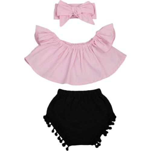 Newborn Baby Girl Clothes Set Solid Off Shoulder Ruffles Sleeve Tank Tops+Tassel Shorts+Headband 3PCS Cute Outfit Sets 0-24M