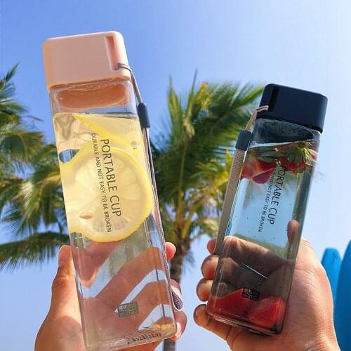 Cute New Square Tea Milk Fruit Water Cup 500ml for Water Bottles drink with Rope Transparent Sport Korean style Heat resistant