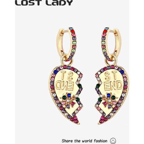 Lost Lady Fashion Colorful Broken Heart Drop Earrings Cute Exquisite Rhinestone Earrings for Women Jewelry Gift Wholesale