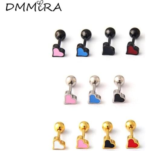 Fashion Women Girls Heart Color Gold Black Stainless Steel Pink Red Drip oil Heart Stud Earrings Brincos Piercing Jewelry