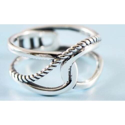 Real S925 Plain Silver Simple Geometric Style Overlapping Retro Ladys Ring Exquisite Gift Jewelry