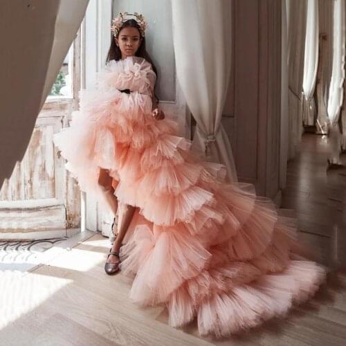Puffy First Communion Dresses For Girls vestido daminha Strapless Flower Girl Dress Hi Low Tulle comunion Girl Party Dress