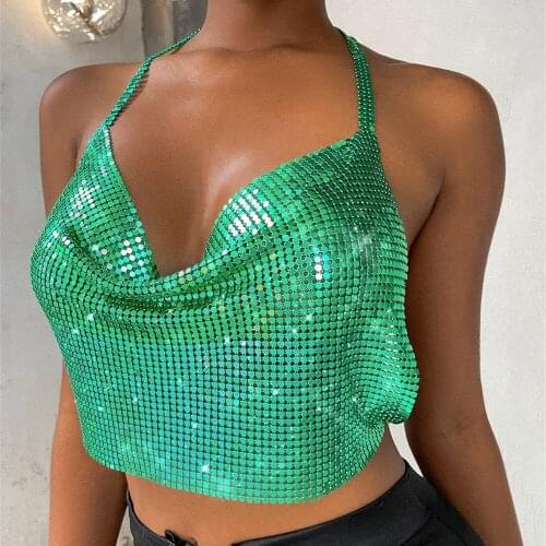 Sexy Green Sequin V-Neck Cheat Crop Tops Vest for Female Summer Sleeveless Tank Tops Party Club Sexy Tube Shirts