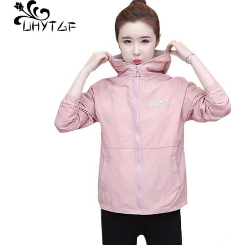 UHYTGF Women spring windbreaker fashion hooded casual autumn trench coat women elegant students short top cute girl thin coat962