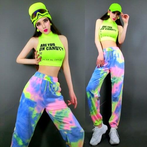 Adult Jazz Costumes Women Hip Hop Clothing Multicolor Pants Fluorescent Green Tops DJ DS Hip-Hop Performance Stage Wear DNV14669