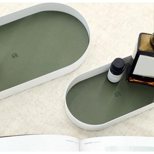 Iron Tray with PU Leather Mat Oval Desktop Storage Tray Entrance Storage Tray Bathroom Organizer Tray