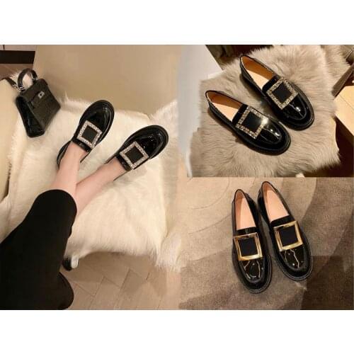 Womens shoes square buckle single shoes women 2021 new leather rhinestone platform loafers British style small leather shoes
